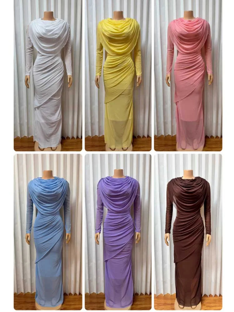 Chic and Elegant Women's Evening Dress Mesh Draped Collar Long Sleeve Bodycon Mid Dress Slim High Waisted Sexy Ladies Dress