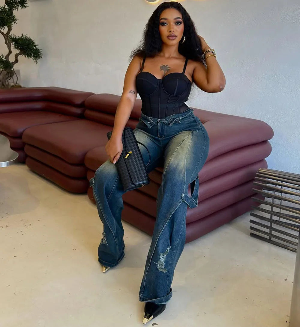 Denim Cargo Pant Women Jeans Vintage Wide Leg Long Pants High Waist Straight Trousers Hole Y2k Streetwear Elegant Casual 2026