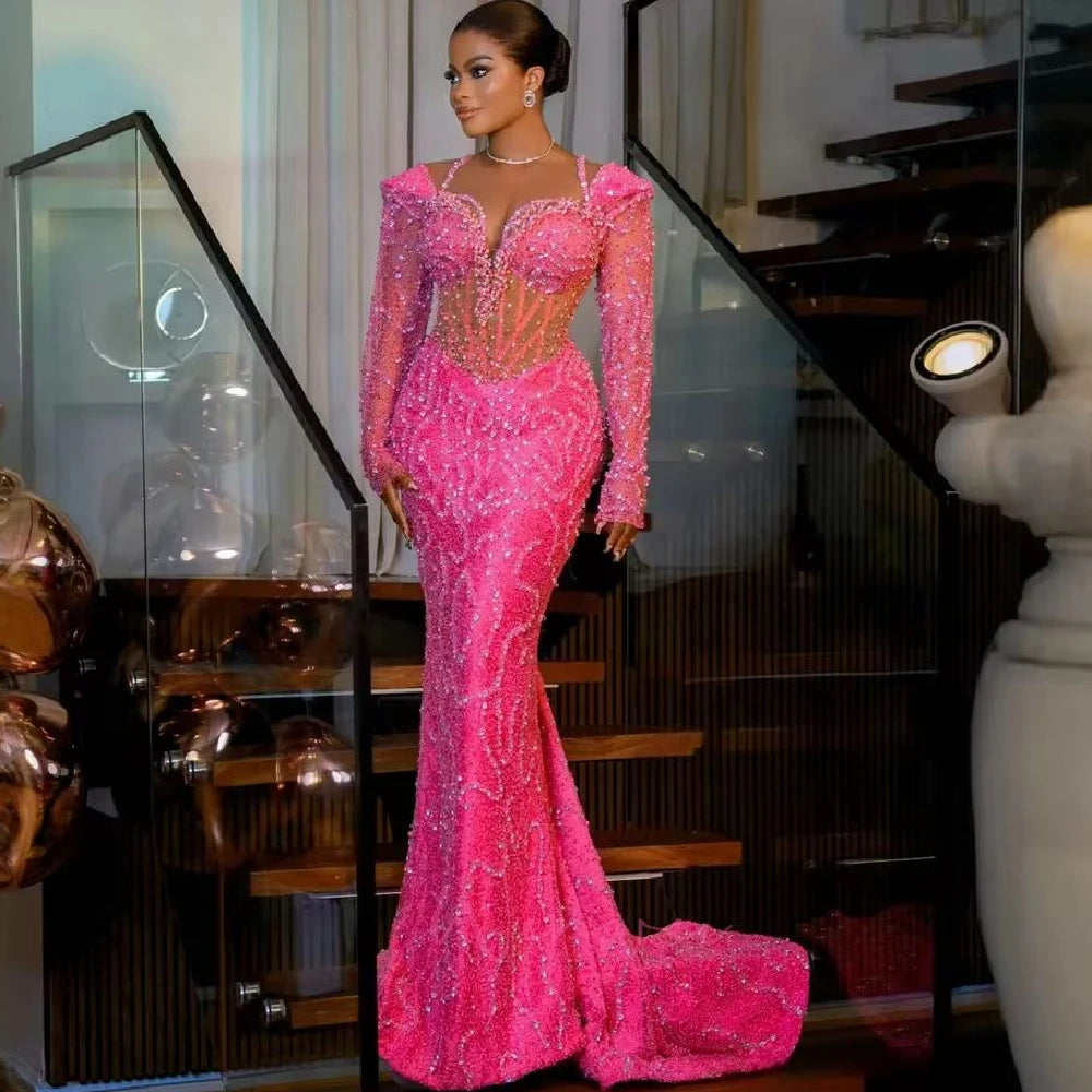 Customized Lace Sparkling Reception Gowns Prom Dresses Black Women Birthday Evening Dresses Elegant Long Sleeves Beaded