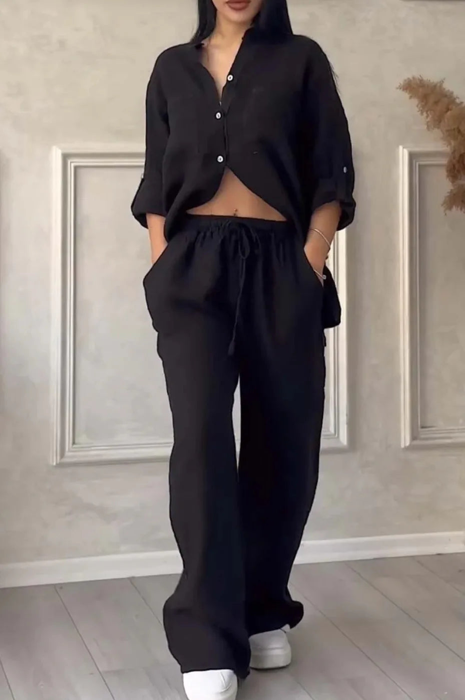 2 pieces women sets 2026 new solid color single-breasted long-sleeved shirt+wide-leg pants lace-up suits women's clothing