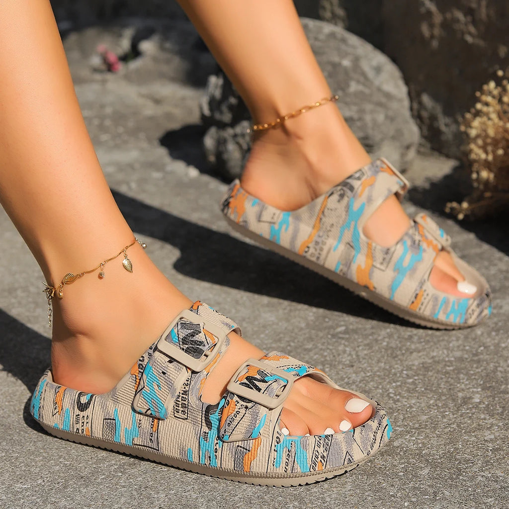 Niche Letter Blue-Brown Print Buckle Women's Shoes Daily Vacation Beach Party Outdoor Walk Versatile Comfortable Flat Sandals