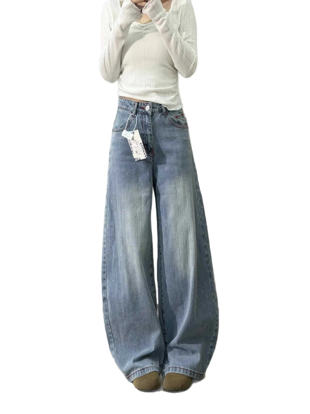 Women's Baggy Jeans Y2K Wide Leg Denim Pants Vintage Washed High Waisted Loose Trousers Red Stitching Streetwear 90s Aesthetic
