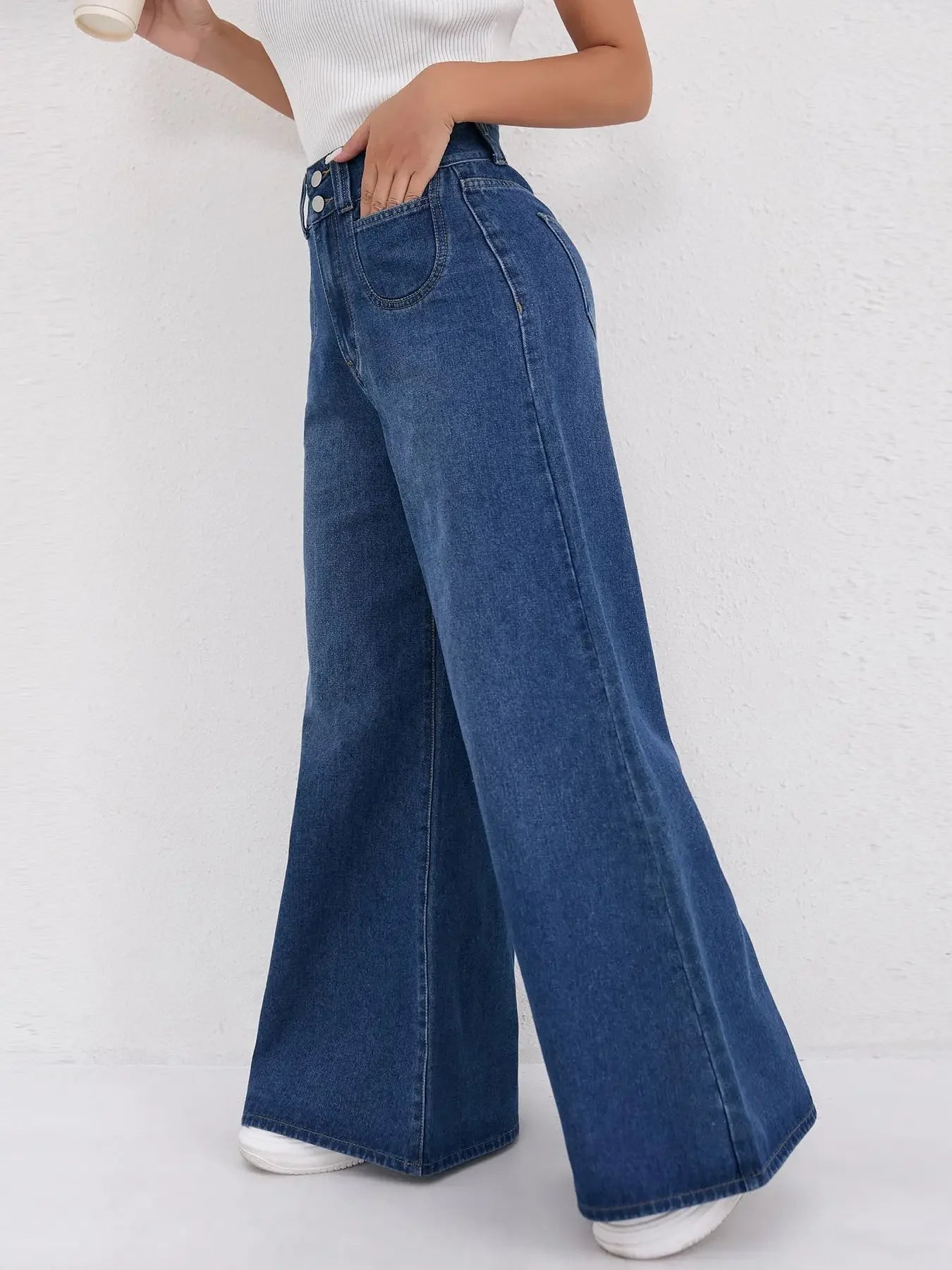 Trendy Womens Jeans Baggy Jeans Wide Pants High Waist Loose Fit Two Button Solid Color Wide Leg Denim Trousers For Ladies
