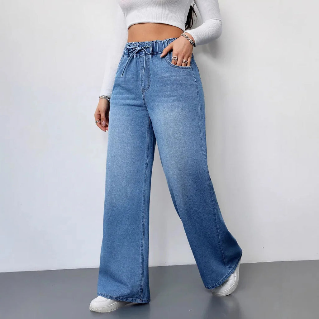 Wide Leg Pants Jeans Women Washed Denims Elastic Waist Lace Up Distressed Vintage Streetwear Female Full Length Loose Trousers