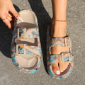 Niche Letter Blue-Brown Print Buckle Women's Shoes Daily Vacation Beach Party Outdoor Walk Versatile Comfortable Flat Sandals