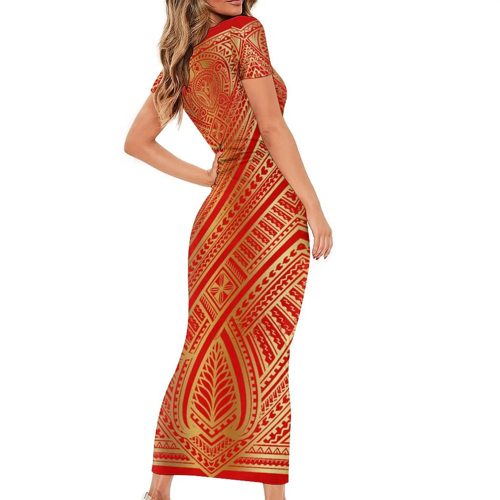 Support Custom Samoan National Dress Women'S Crew-Neck Maxi Dress Fashion Slit Dress With Men'S Short-Sleeved Shirt 9xl