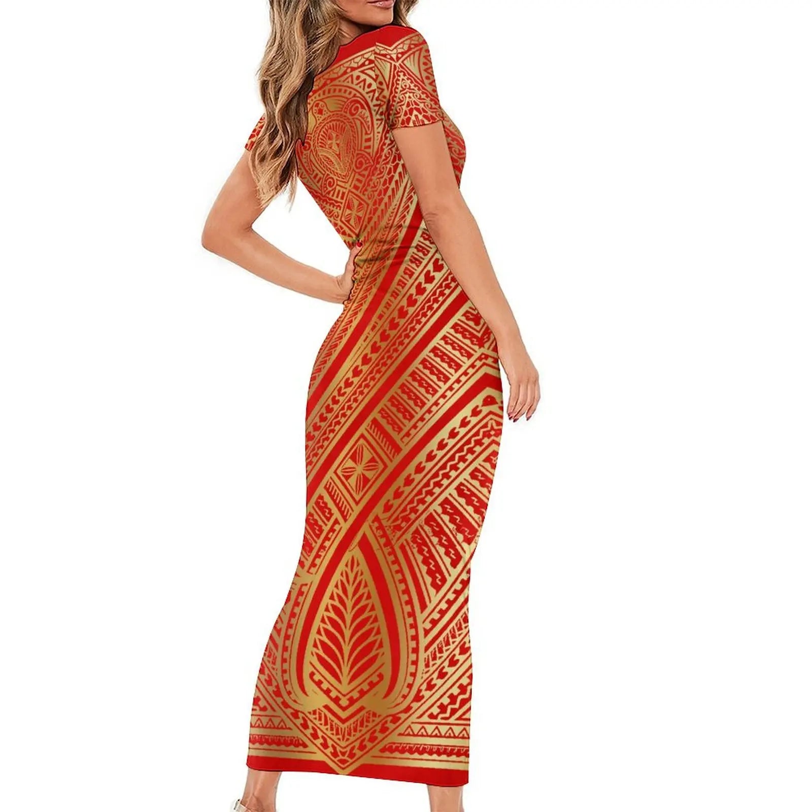 Support Custom Samoan National Dress Women'S Crew-Neck Maxi Dress Fashion Slit Dress With Men'S Short-Sleeved Shirt 9xl
