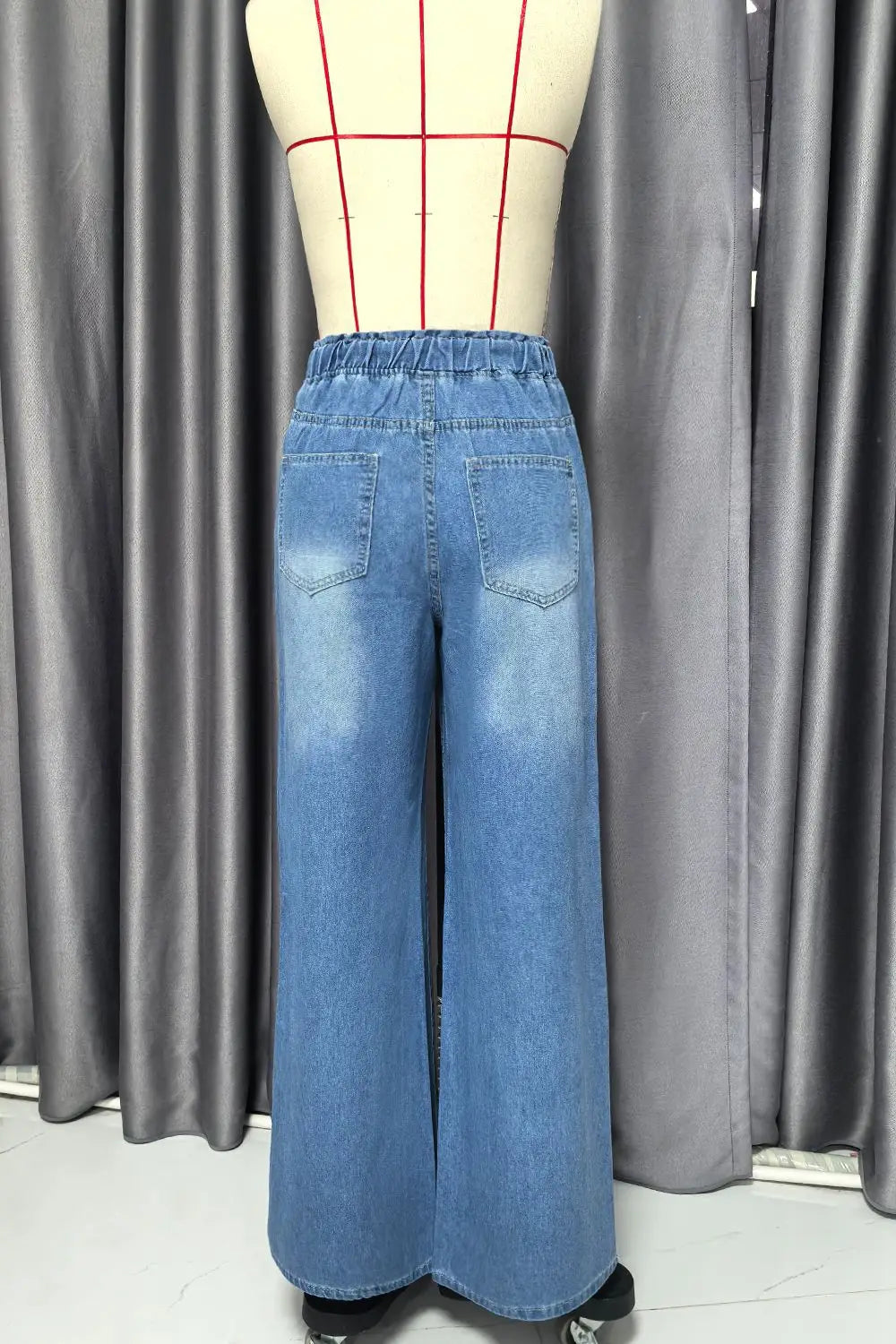 Retro Heavyweight Light Blue Denim High Waist Loose Straight Elastic Waist Wide Leg Pants Women Summer Design Sense Jeans