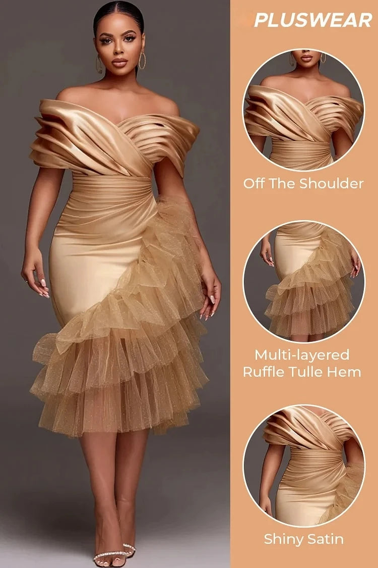 Customized Gold Prom Dresses Plus Size Off Shoulder Trumpet Ruffles Tulle Elastic Satin Pleats Formal Party Evening Gowns