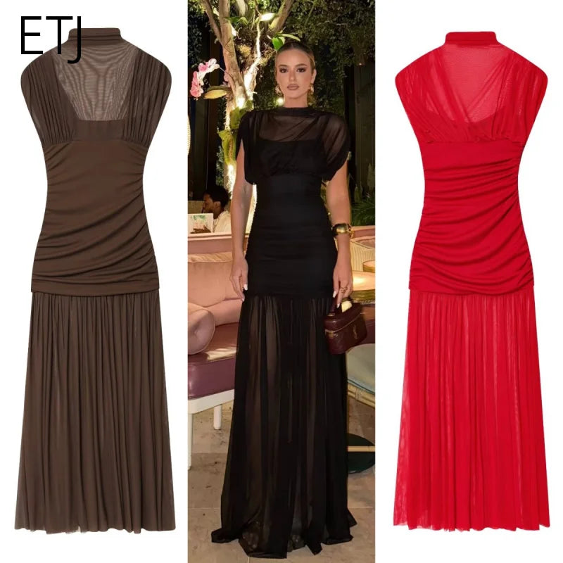 ETJ 2025 new women's party sexy see-through long dress fashion silk mesh stitching stand collar sleeveless dress