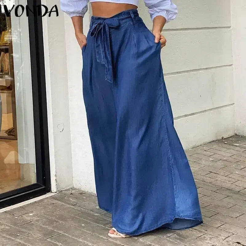 Women Denim Long Loose Wide Leg Pants High Waist Full Length Solid Color Trousers Jeans