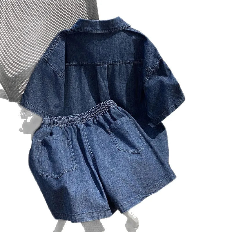 Denim Pant Set Women Two Piece Sets Turn Down Collar Shirt Tops Short Pants Lace Up Elastic Waist Y2k Streetwear Elegant Casual