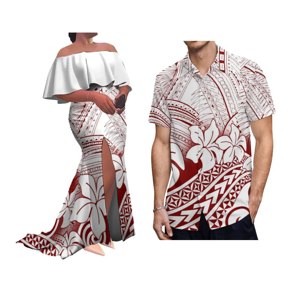 Customized Patterned Soft Fabric Tribal Ethnic Couple'S Outfit Polynesian Women'S Ruffled Collar Floor-Length Dress With Slit