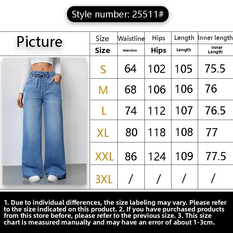 Retro Heavyweight Light Blue Denim High Waist Loose Straight Elastic Waist Wide Leg Pants Women Summer Design Sense Jeans