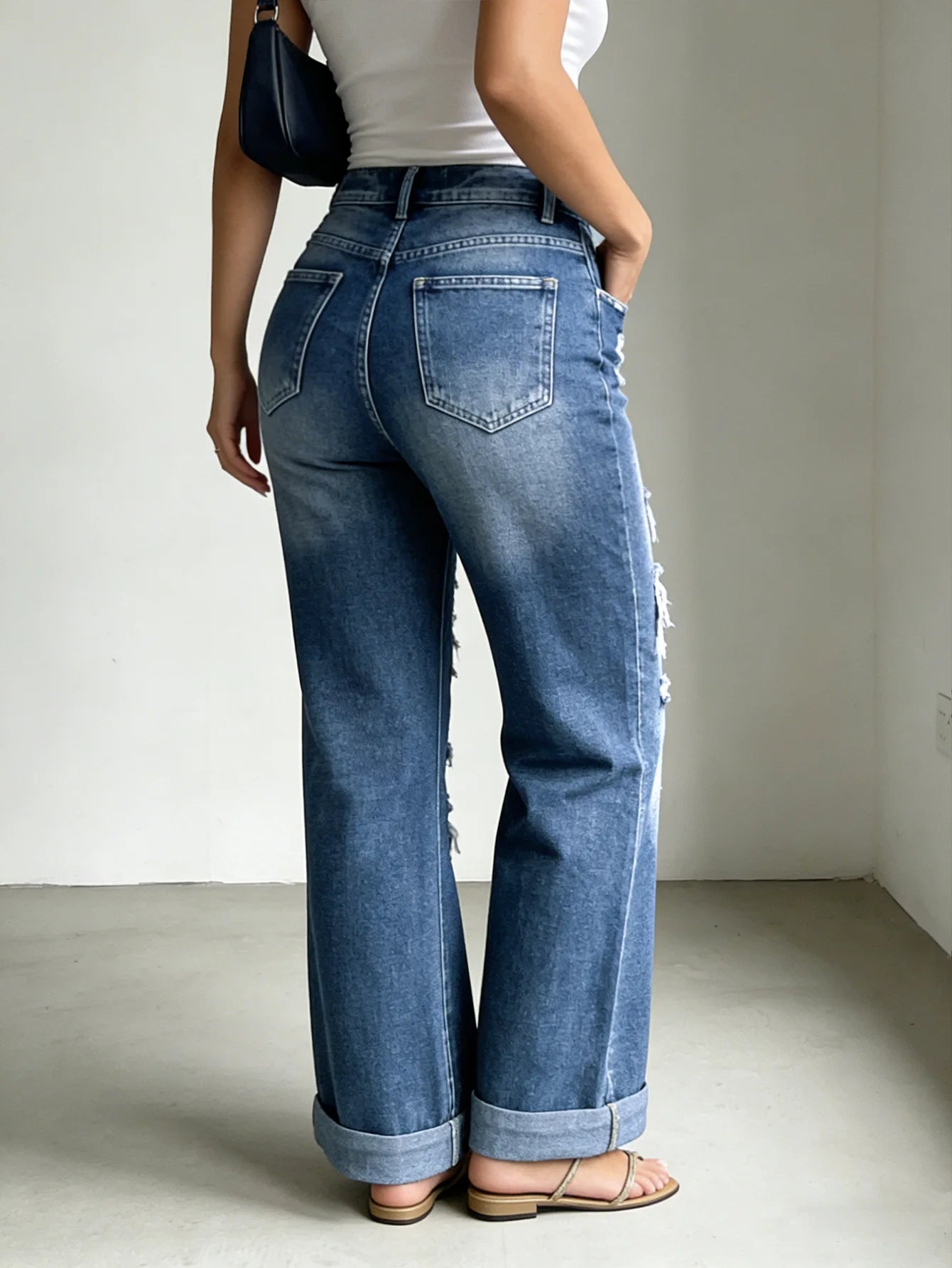 Women Jeans Denim Pant Wide Leg Long Pants Vintage Hole Casual Loose High Waist Straight Trousers Y2k Streetwear Elegant 2026
