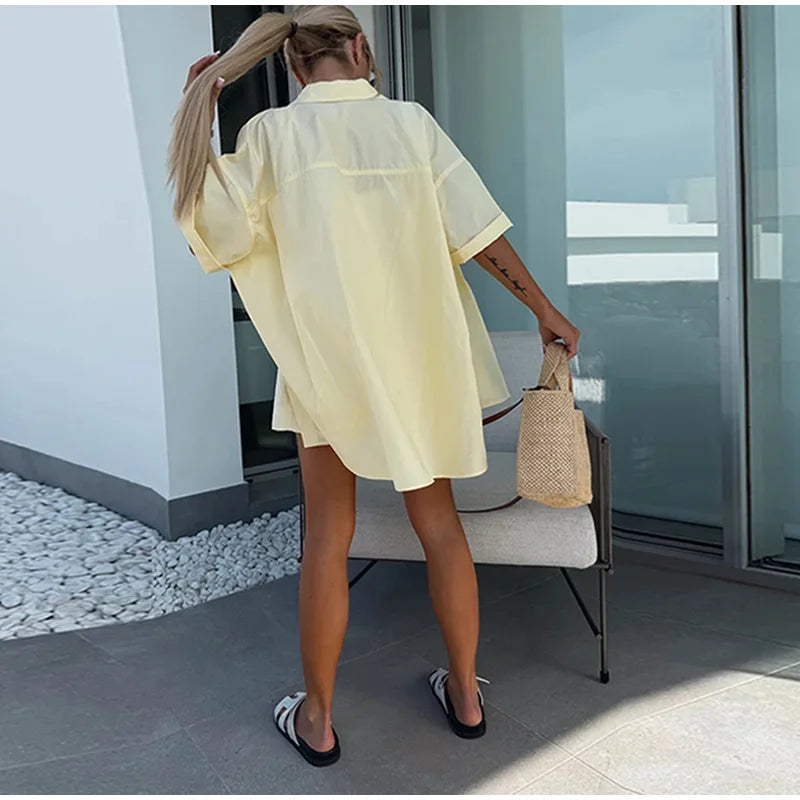 Lapel Short Sleeve Pocket Solid Color Shirt Pants Set Loose Fit Straight Leg Trouser 2026 Spring Casual Women Daily Outfit