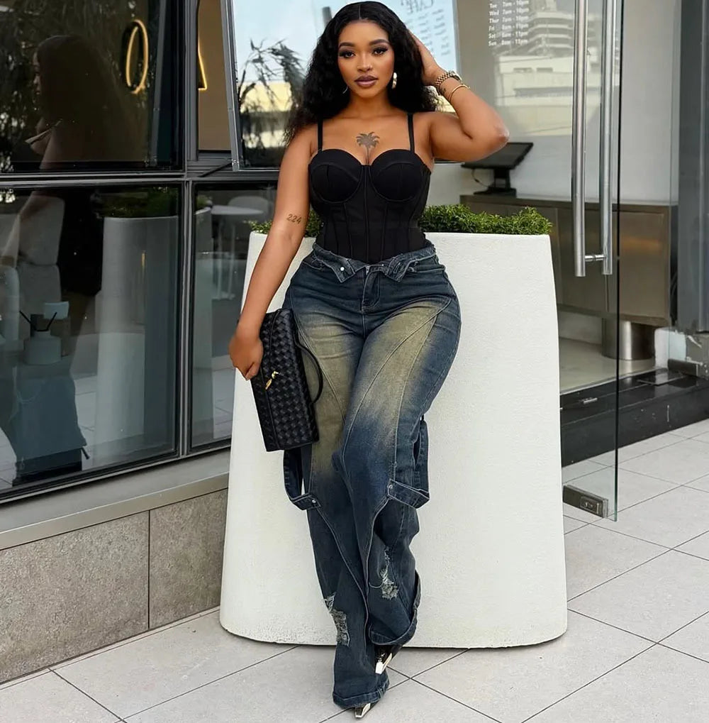 Denim Cargo Pant Women Jeans Vintage Wide Leg Long Pants High Waist Straight Trousers Hole Y2k Streetwear Elegant Casual 2026