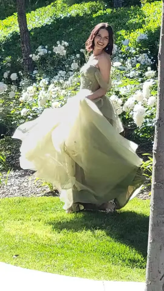 ROSES Sage Green Prom Dress Appliques Tulle Celebrity Dresses Tiered Pleat Women's Evening Dress Sweetheart Formal Gown 프롬 드