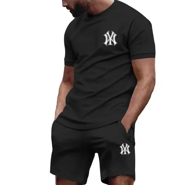 New hot selling 2026 men's two-piece sportswear short sleeved T-shirt and pants set running fitness summer