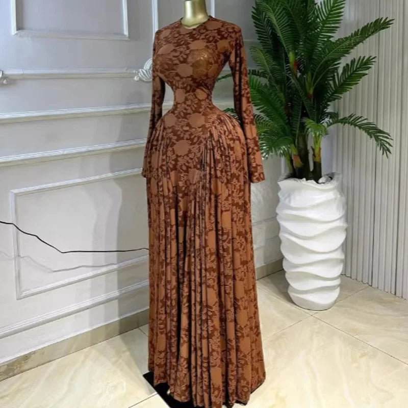 New Fashion Mesh Printed Full Sleeve Long Dress Sexy Patchwork Slim Wasit Big Swing A-line Shape Maxi Dress