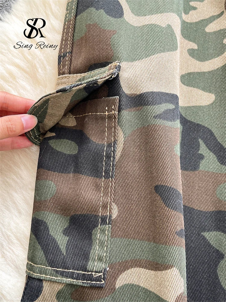 SINGREINY Camouflage Printed Wide Leg Pants women 2025 Autumn Workwear Style Casual Britches Straight Leg Denim Vintage Trousers