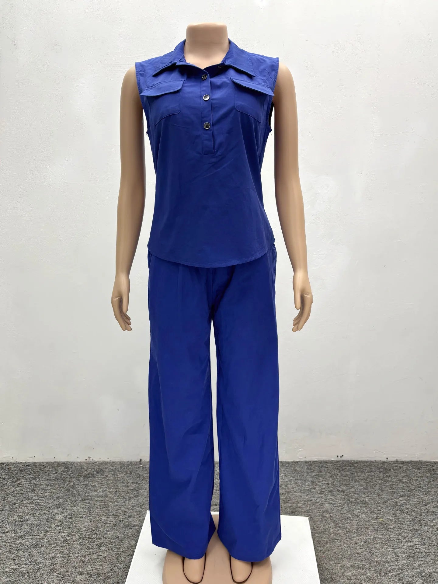 Women Pant Set Two Piece Sets Y2k Streetwear Pockets Turn Down Collar Sleeveless Shirt Wide Leg Pants Elastic Waist Work Spring
