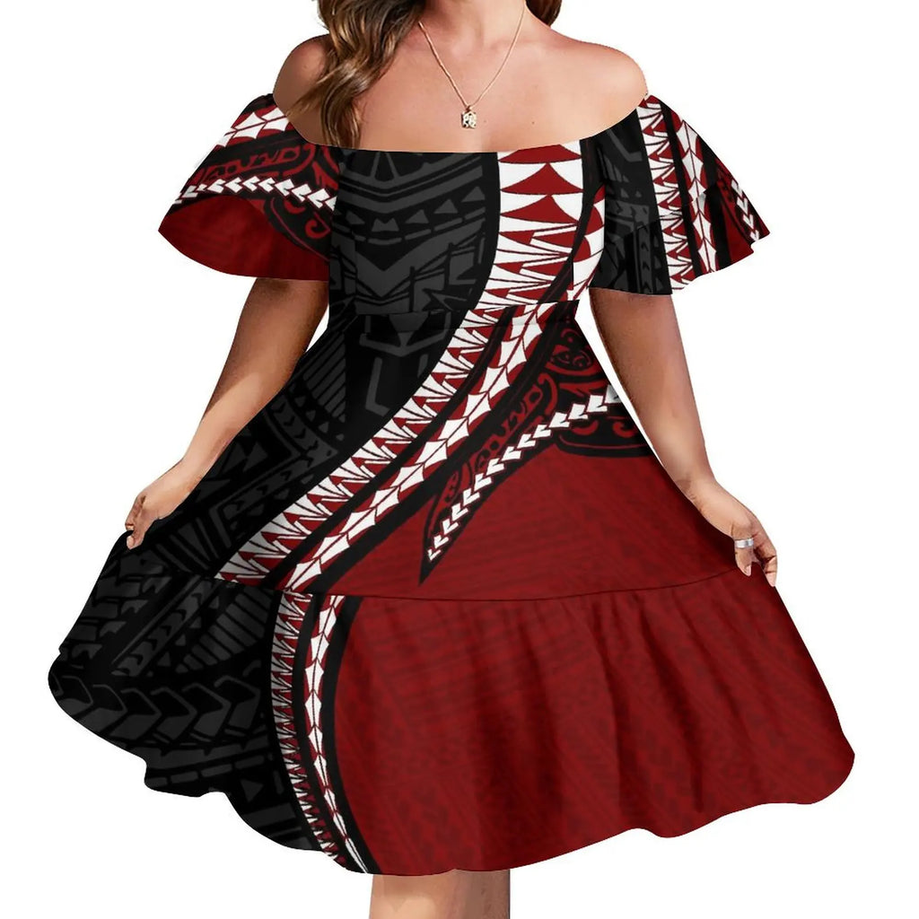Tattoo Designs Customized On Demand Feature Ruffle Sleeve Dress Polynesian Traditional Tribe Short Dress For Evening 1 MOQ