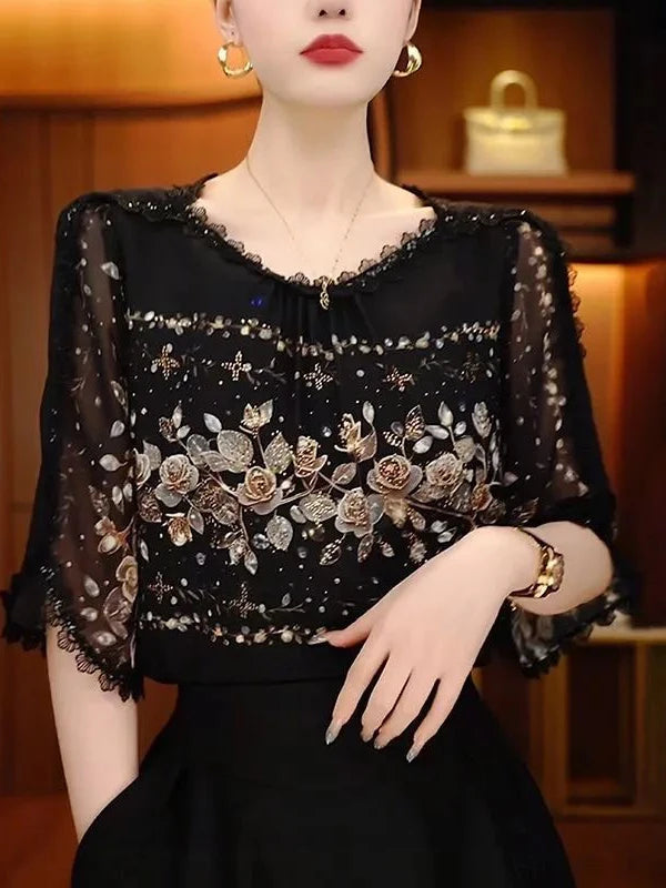 Slimming Effect Loose Fit round Neck mid Sleeve Fashionable Top for Older Women Comfortable Breathable Casual Wear