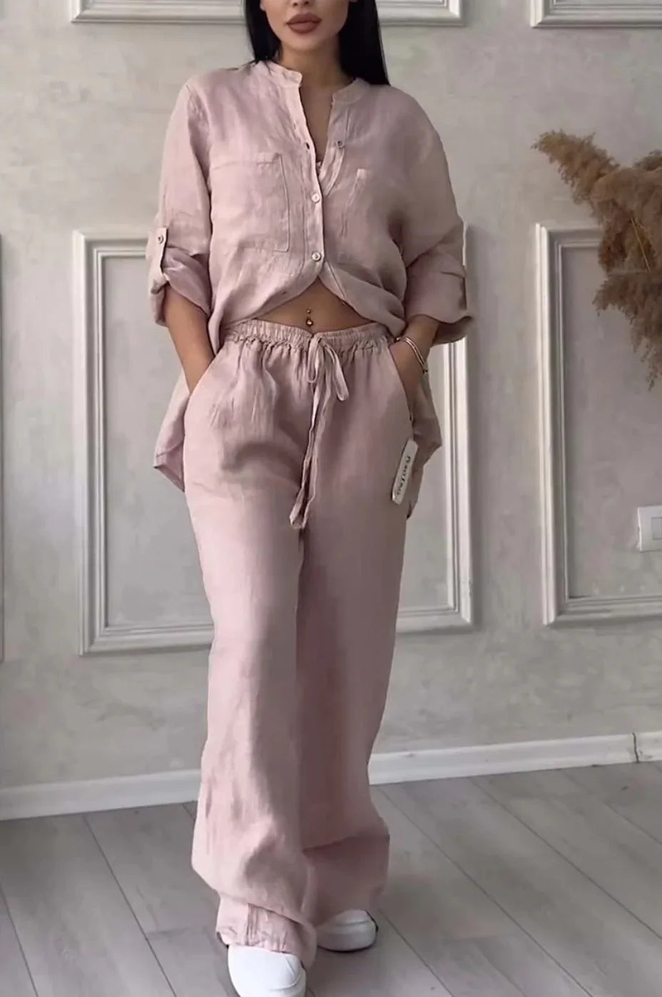 2 pieces women sets 2026 new solid color single-breasted long-sleeved shirt+wide-leg pants lace-up suits women's clothing