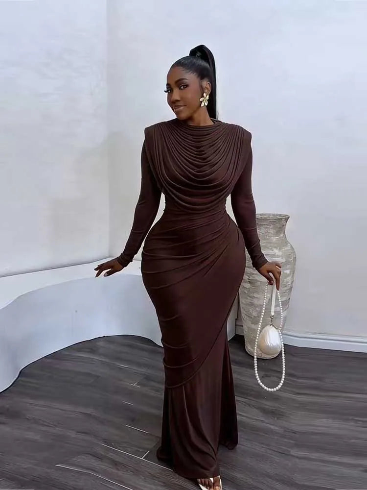 Chic and Elegant Women's Evening Dress Mesh Draped Collar Long Sleeve Bodycon Mid Dress Slim High Waisted Sexy Ladies Dress