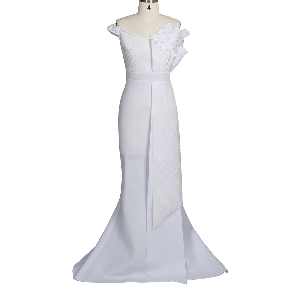 2021 Winter Women Slash Neck Short Sleeve Pearl Dress Sexy Office Lady Africa Evening Night Club Party Long Maxi Dresses GL05143
