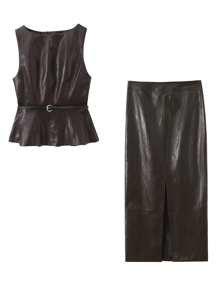 HH Women Elegant Fashion Faux Leather Vest Skirts Suits O Neck Belt Tops Slit Midi Skirt Casual Office Lady Chic 2 Piece Set