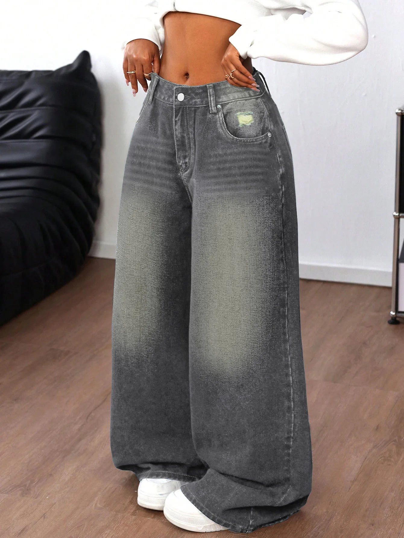 Grey Washed Loose Women's Long Floor-Length Wide Leg Jeans Casual Straight Cut Trousers Comfortable Cotton Denim Jeans