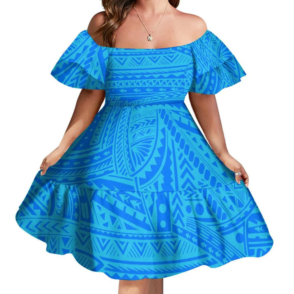 Tattoo Designs Customized On Demand Feature Ruffle Sleeve Dress Polynesian Traditional Tribe Short Dress For Evening 1 MOQ