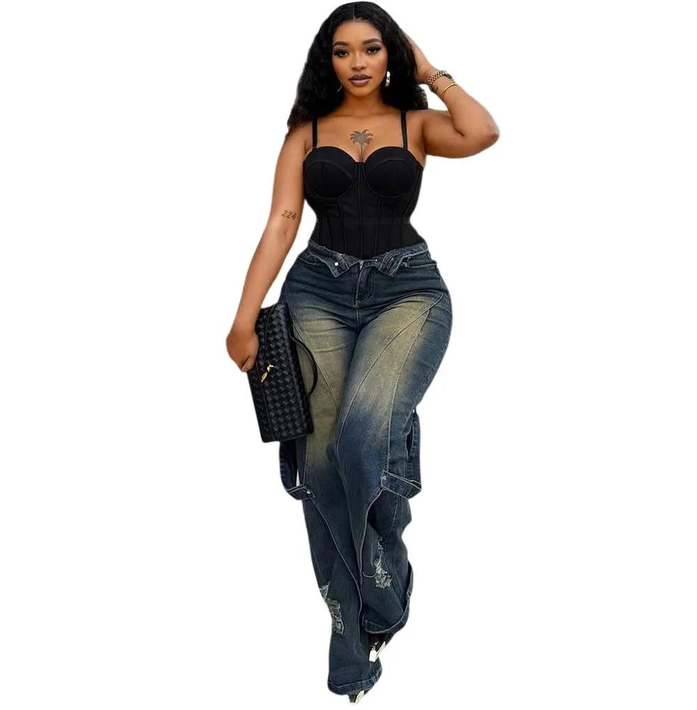 Denim Cargo Pant Women Jeans Vintage Wide Leg Long Pants High Waist Straight Trousers Hole Y2k Streetwear Elegant Casual 2026