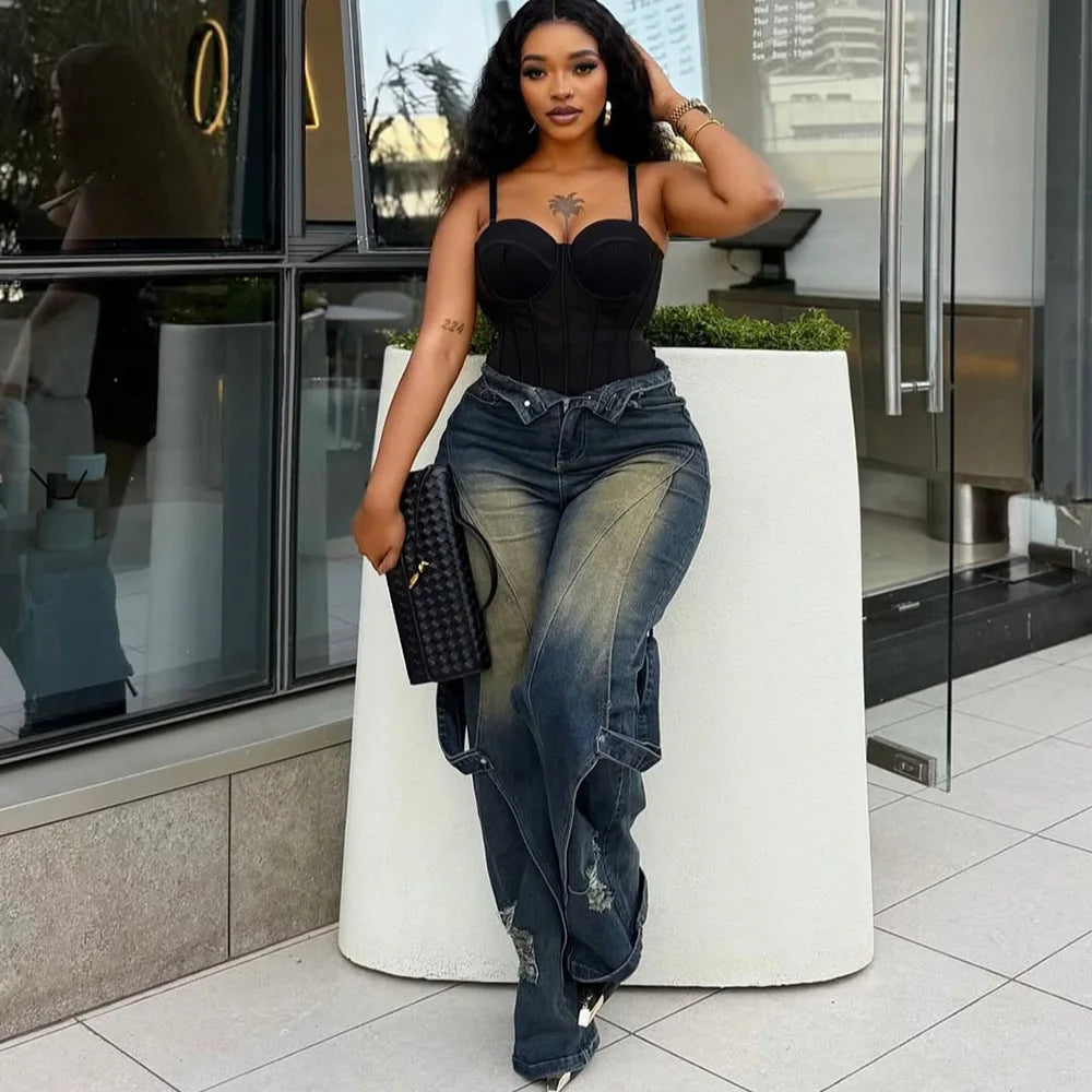 Denim Cargo Pant Women Jeans Vintage Wide Leg Long Pants High Waist Straight Trousers Hole Y2k Streetwear Elegant Casual 2026