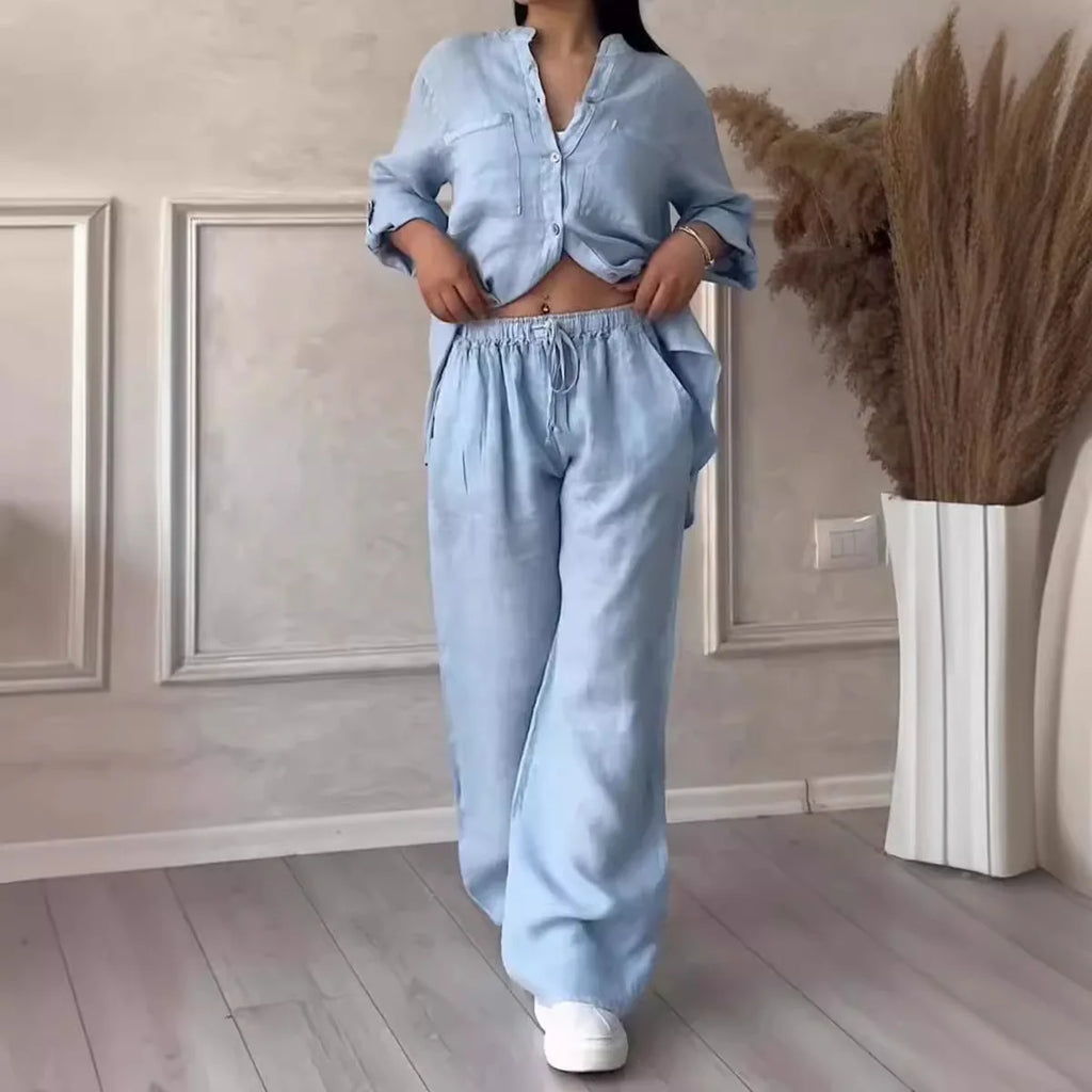2 pieces women sets 2026 new solid color single-breasted long-sleeved shirt+wide-leg pants lace-up suits women's clothing