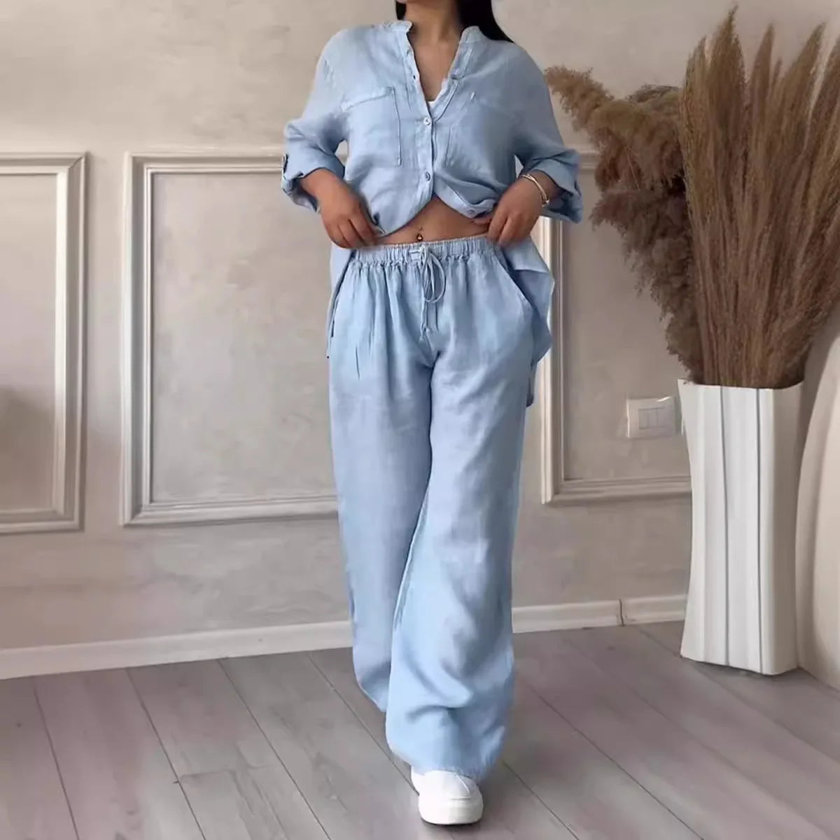 2 pieces women sets 2026 new solid color single-breasted long-sleeved shirt+wide-leg pants lace-up suits women's clothing