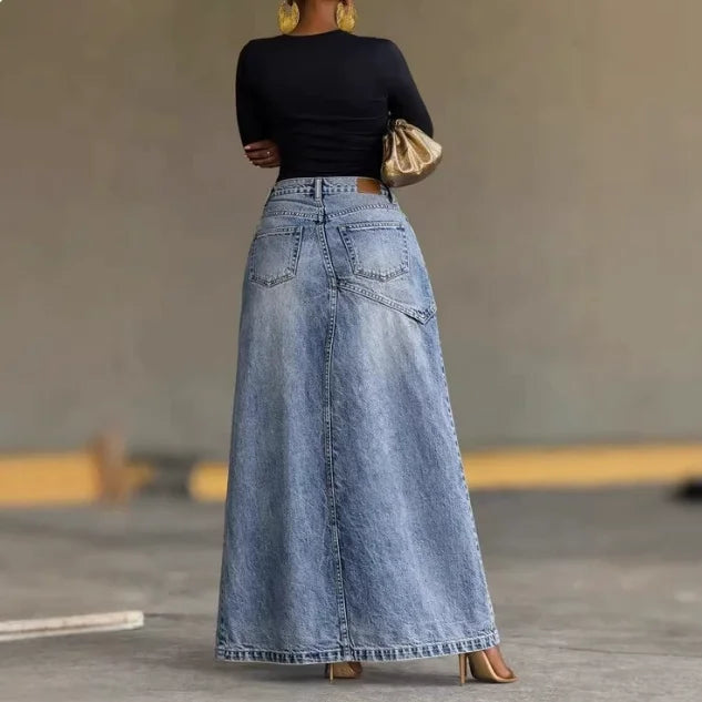 Skirt for Women 2026 Spring Autumn New Solid Color High Waisted Irregular Slit Streetwear Casual Denim A-Line Long Skirt