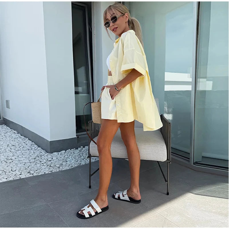 Lapel Short Sleeve Pocket Solid Color Shirt Pants Set Loose Fit Straight Leg Trouser 2026 Spring Casual Women Daily Outfit