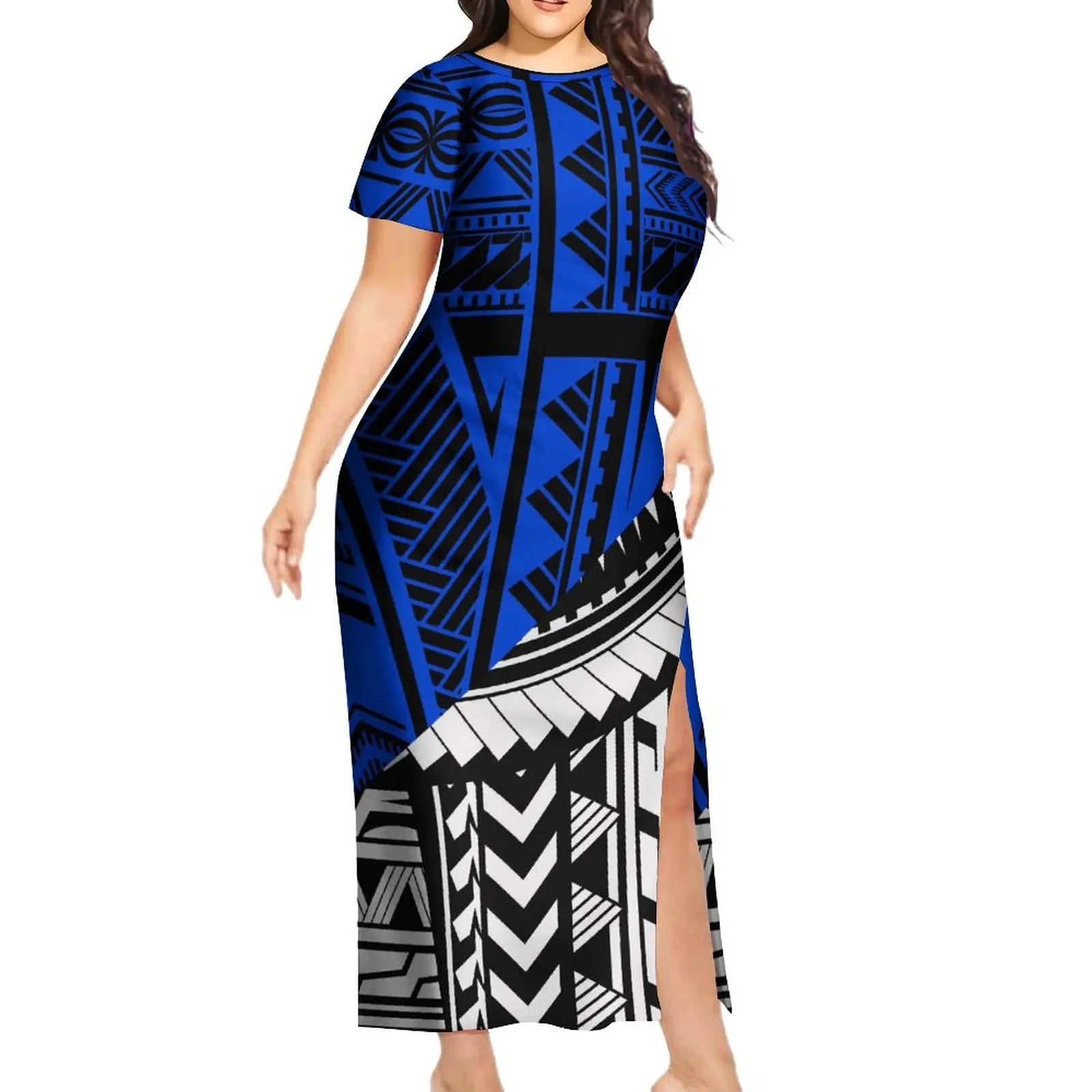 Support Custom Samoan National Dress Women'S Crew-Neck Maxi Dress Fashion Slit Dress With Men'S Short-Sleeved Shirt 9xl