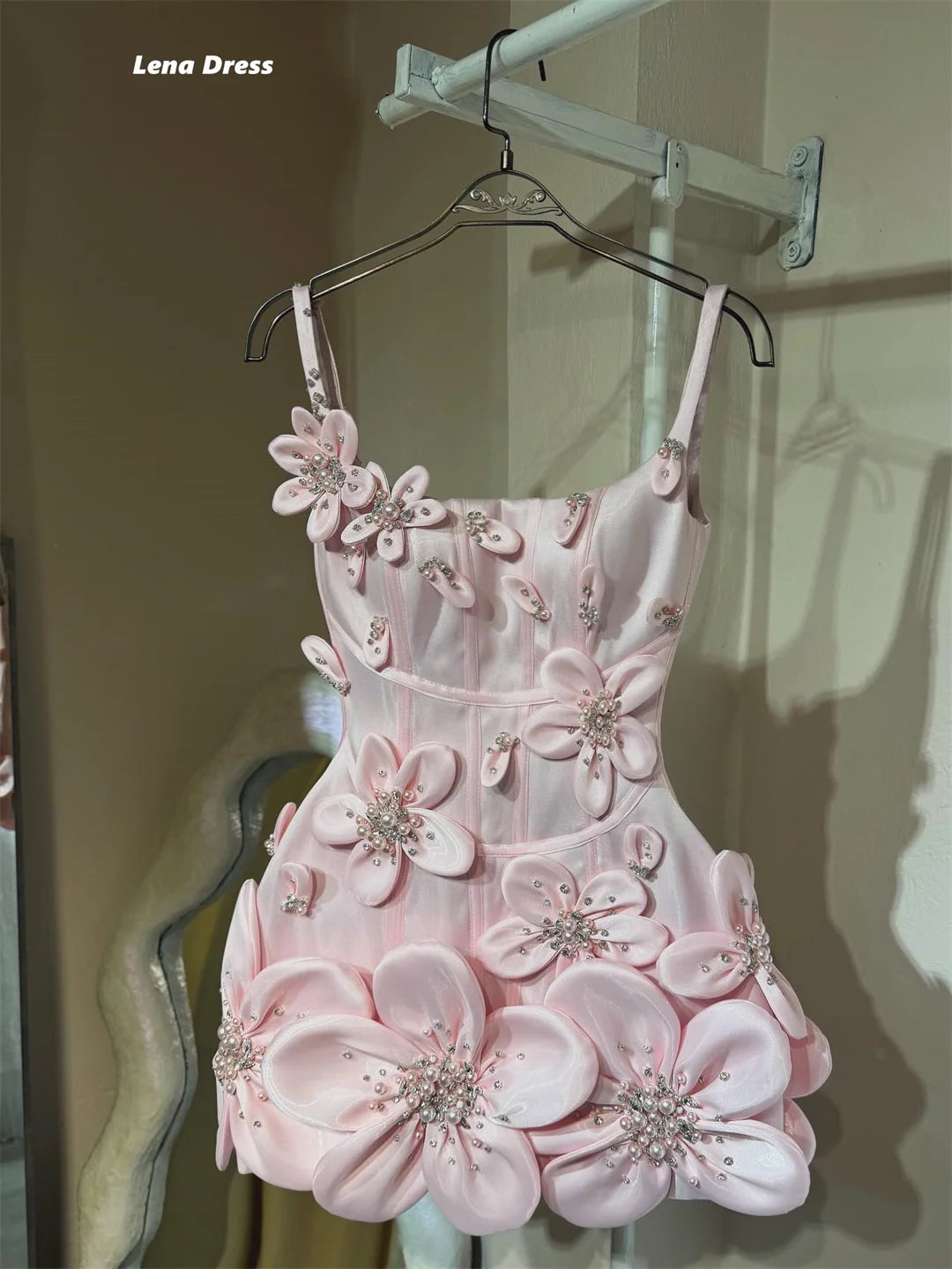 Lena Short Skirt Evening Dresses Wedding Spaghetti Straps Elegant Party Dresses for Women Luxury 3D Flowers Elegant Woman Dress