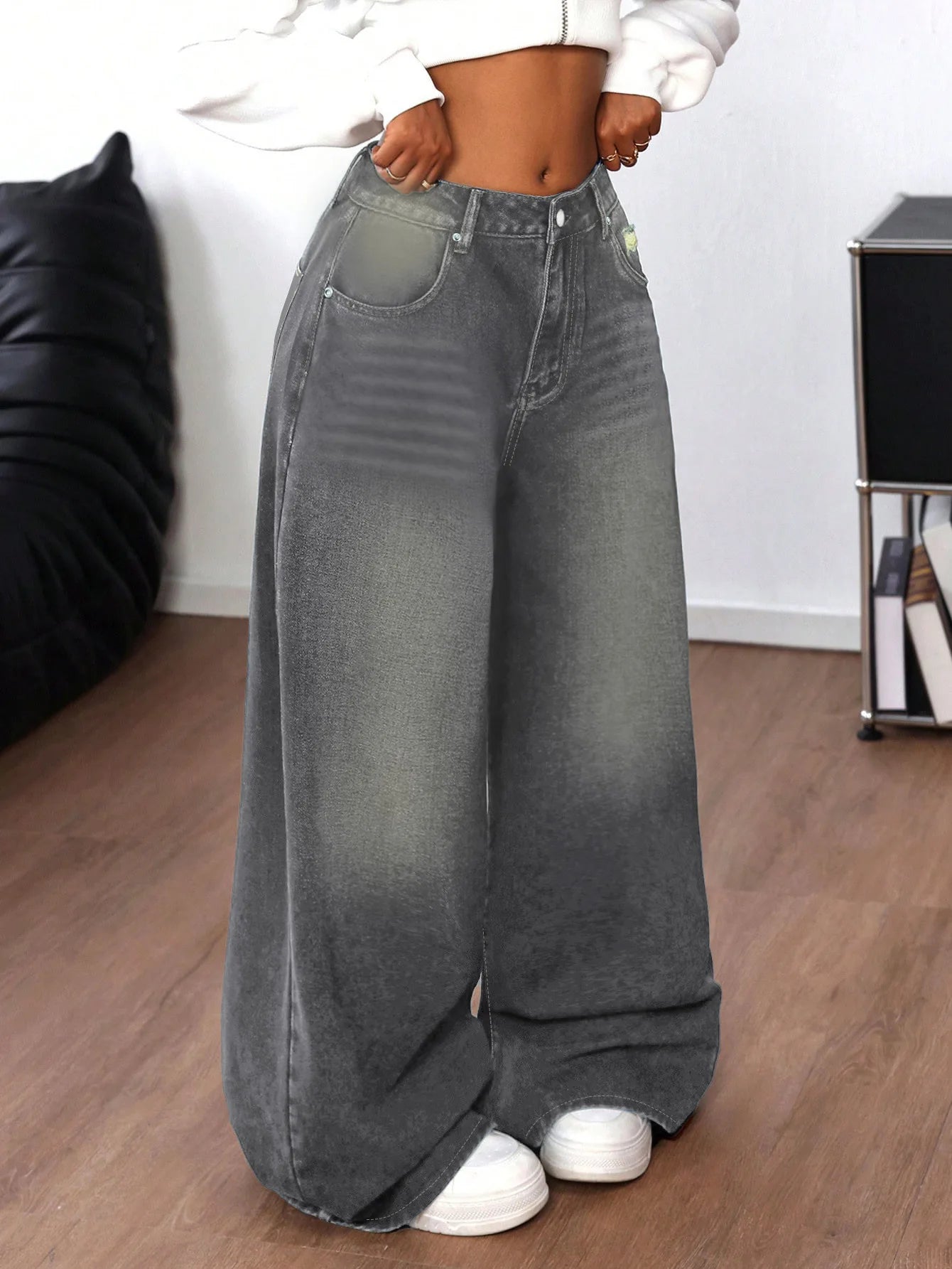 Grey Washed Loose Women's Long Floor-Length Wide Leg Jeans Casual Straight Cut Trousers Comfortable Cotton Denim Jeans