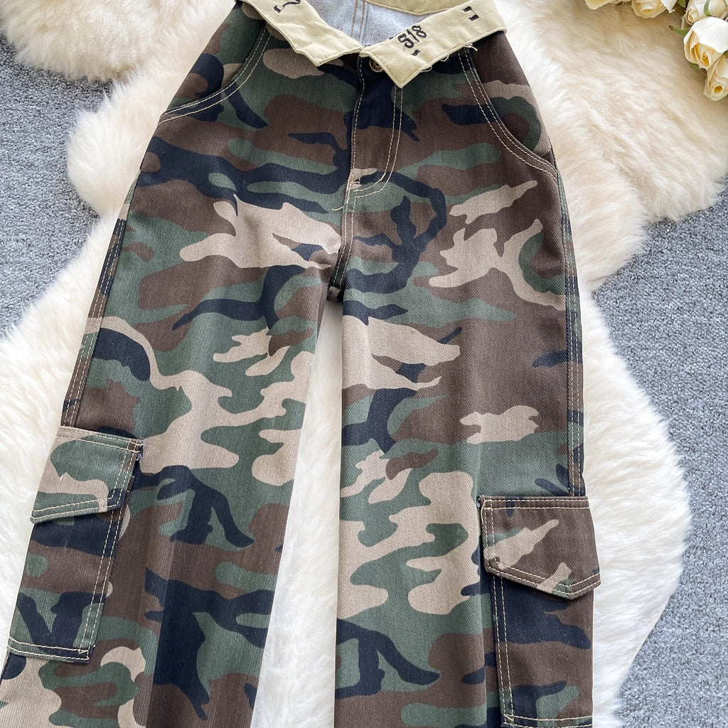 SINGREINY Camouflage Printed Wide Leg Pants women 2025 Autumn Workwear Style Casual Britches Straight Leg Denim Vintage Trousers