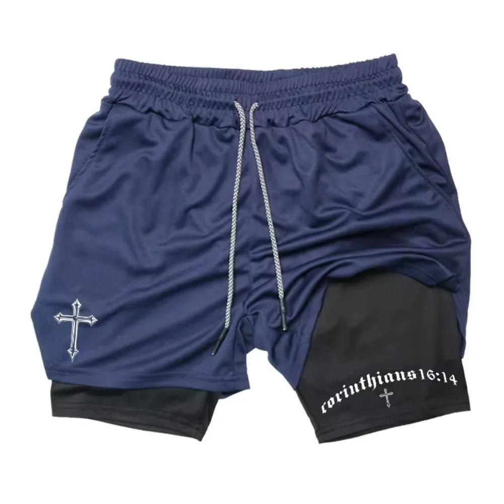 Latest Cross Bible Graphic 2-in-1 Athletic Shorts Men Fitness Christian Gym Workout Running with Cell Phone Pocket Towel Shorts