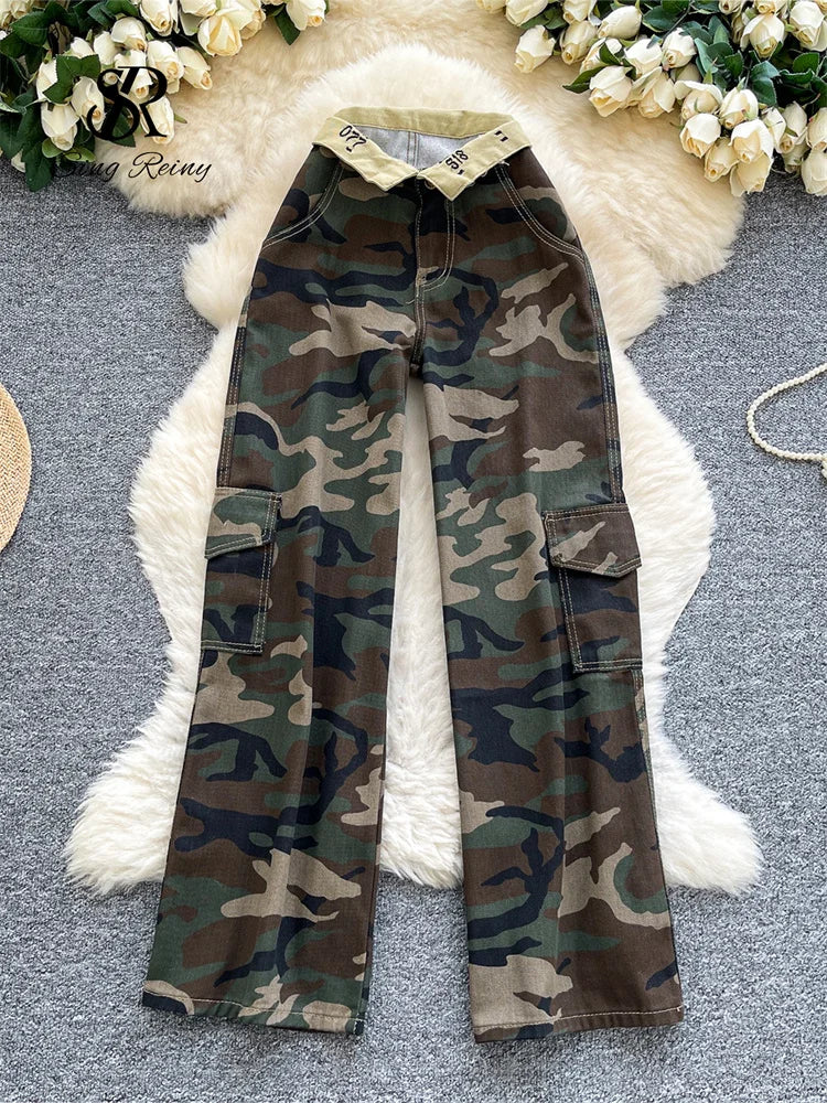 SINGREINY Camouflage Printed Wide Leg Pants women 2025 Autumn Workwear Style Casual Britches Straight Leg Denim Vintage Trousers