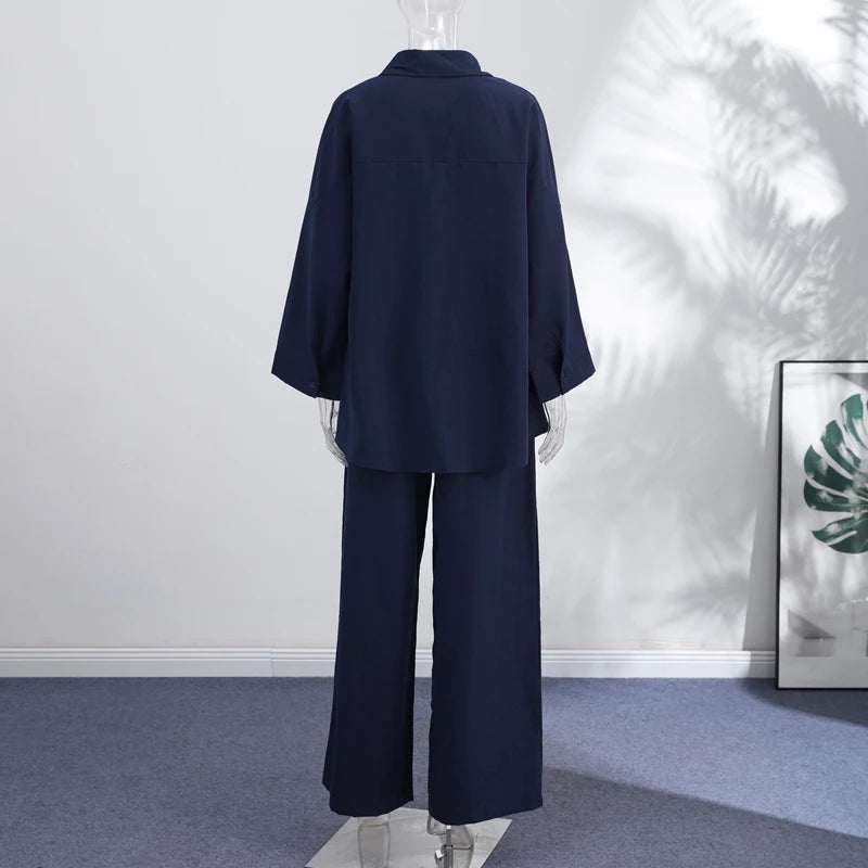Lapel Short Sleeve Pocket Solid Color Shirt Pants Set Loose Fit Straight Leg Trouser 2026 Spring Casual Women Daily Outfit
