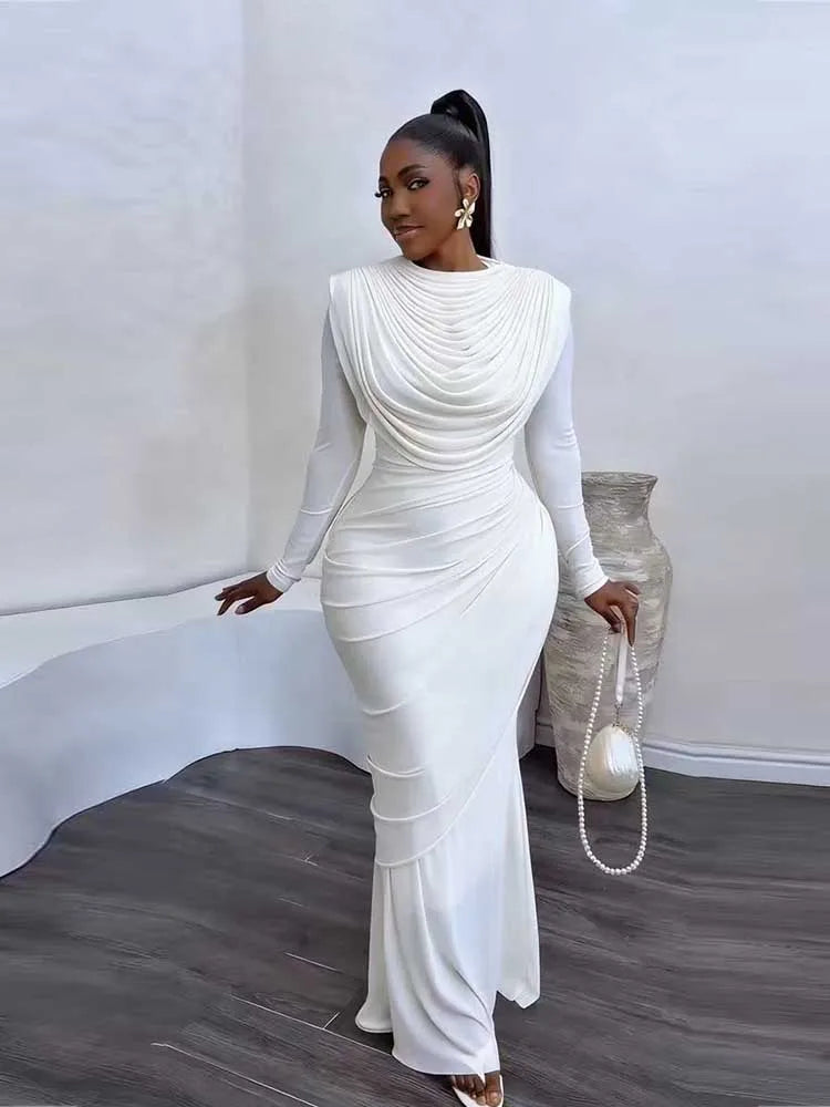 Chic and Elegant Women's Evening Dress Mesh Draped Collar Long Sleeve Bodycon Mid Dress Slim High Waisted Sexy Ladies Dress