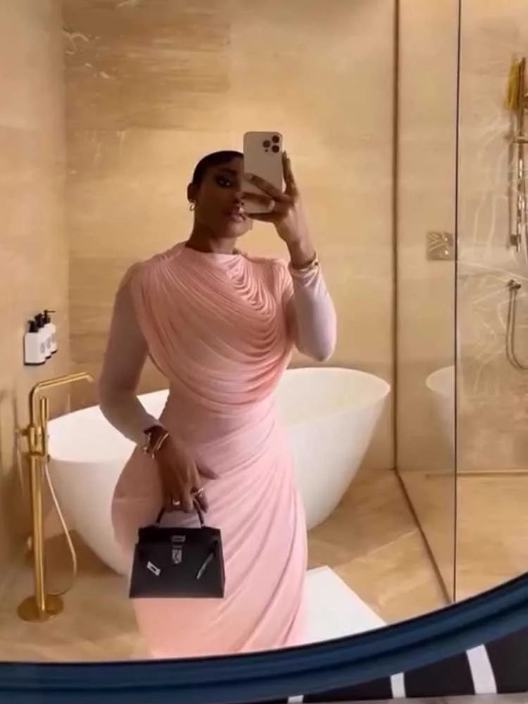 Chic and Elegant Women's Evening Dress Mesh Draped Collar Long Sleeve Bodycon Mid Dress Slim High Waisted Sexy Ladies Dress