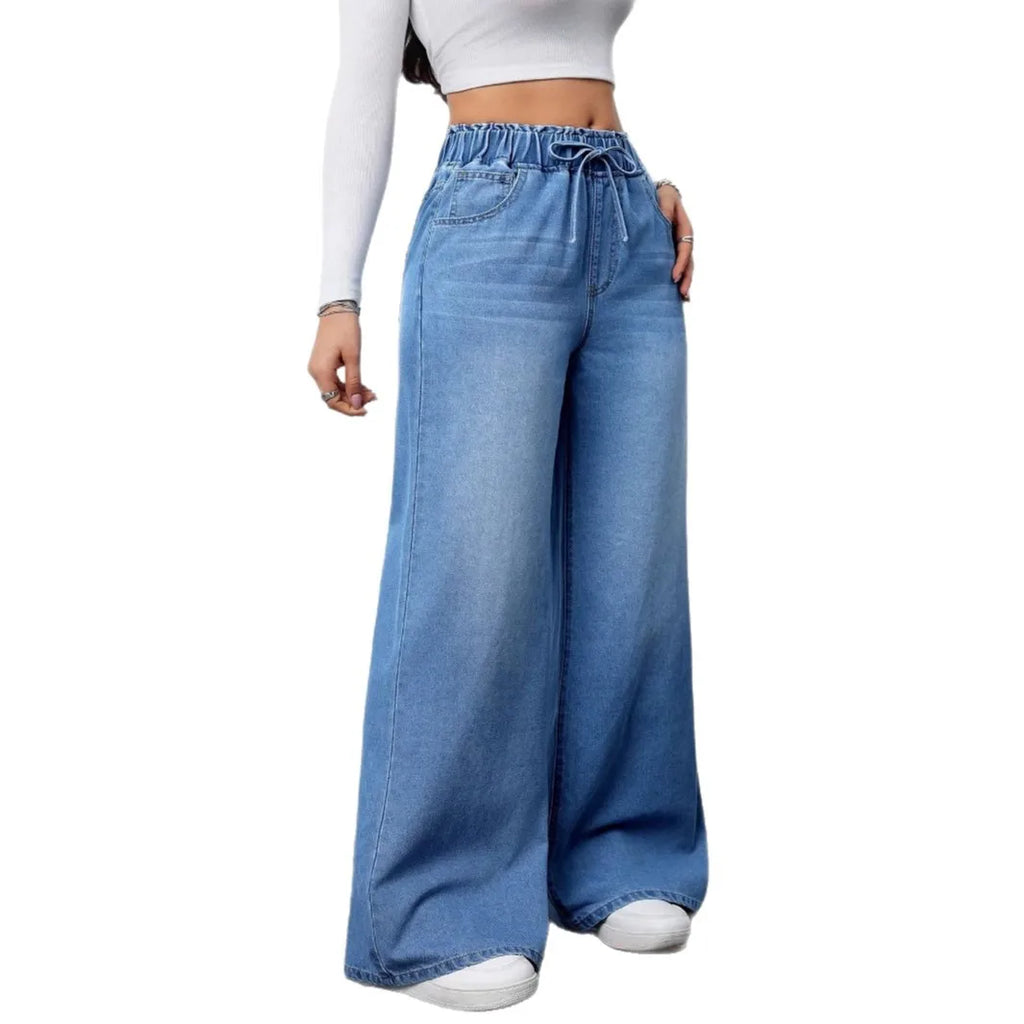Retro Heavyweight Light Blue Denim High Waist Loose Straight Elastic Waist Wide Leg Pants Women Summer Design Sense Jeans